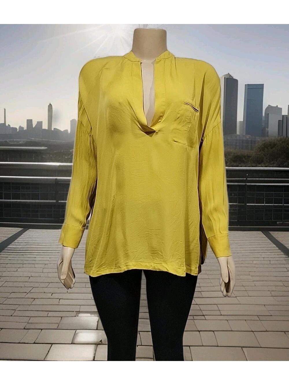 VINCE Women's Top Size S Mustard Silk Split Band Collar Shirred Drape Blouse #C
